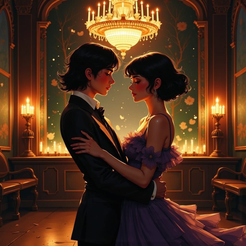 Elegant 1920s Lesbian Couple Dancing in Opulent Ballroom