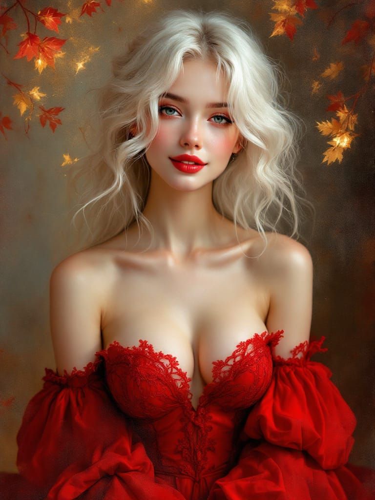 Captivating Woman in Red Gown, Impressionistic Style