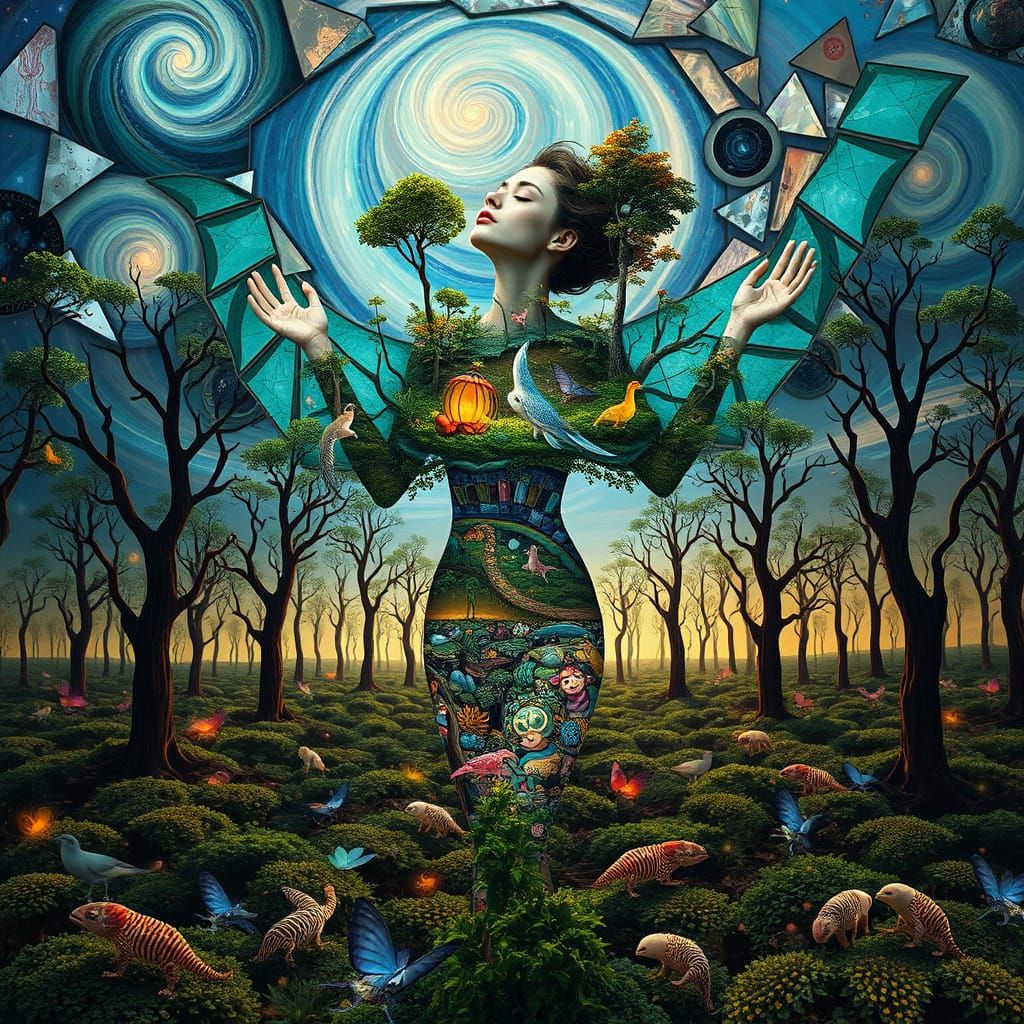 Surreal Bio-Art Collage of Woman as Ecosystem