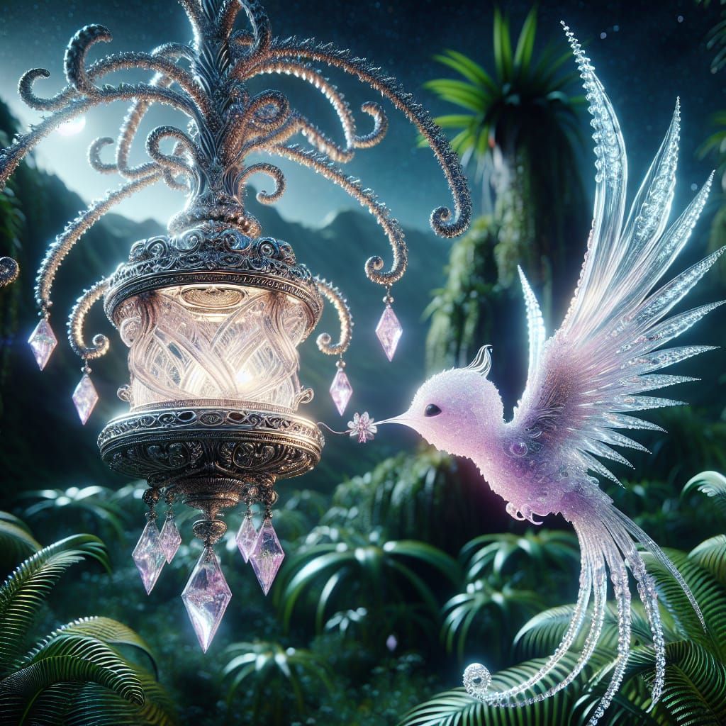 Luminous Alien Bird Feeder in HDR Cinematic Style