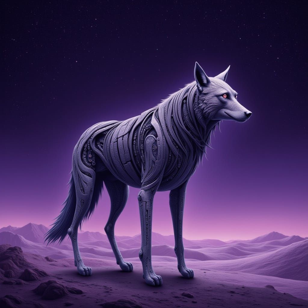 Mechanical Wolf Warrior on Alien Landscape