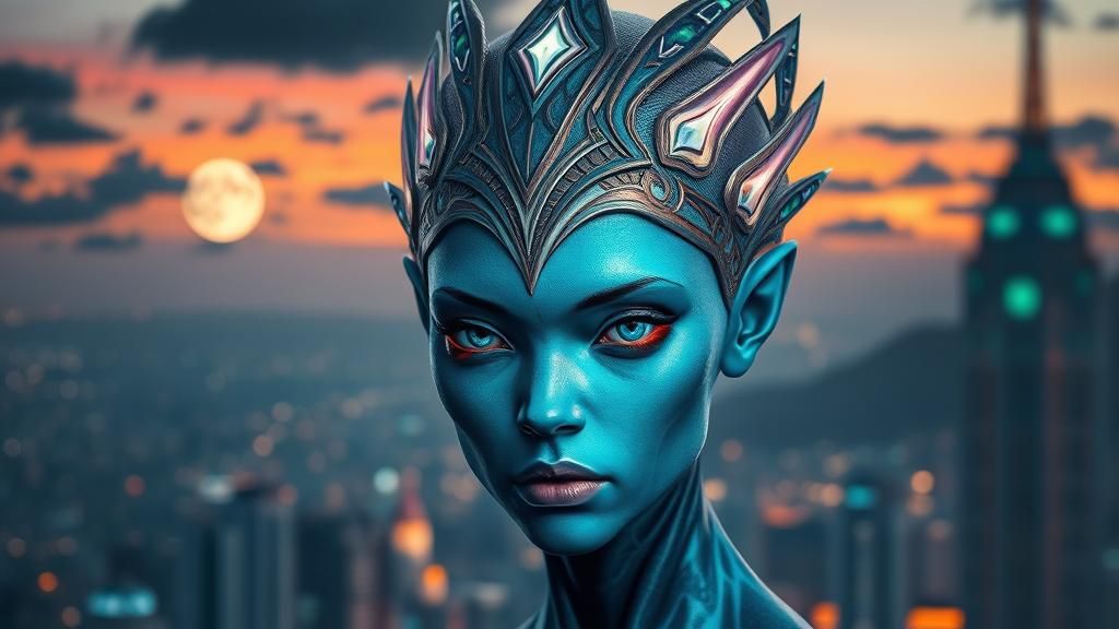 Mystical Being in Alien Cityscape, Digital Portrait