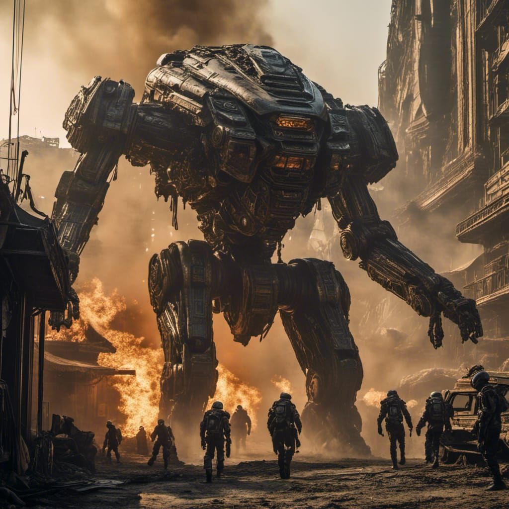 Biopunk Battle-Mech Emerges from Burning Town