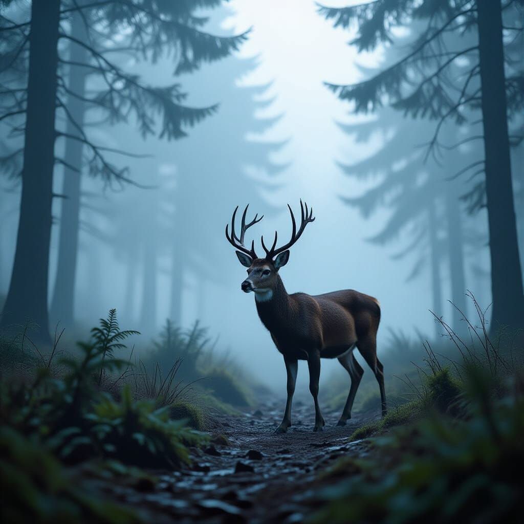 Solitary Deer in Foggy Forest - Cinematic Film Still