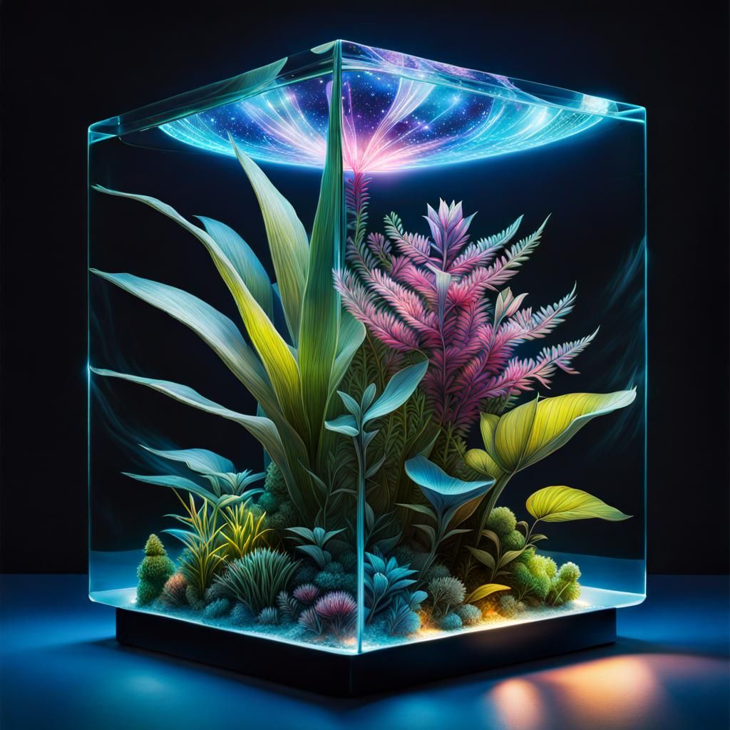 Glowing Plants in Glass Cubes: Dreamlike Concept Art