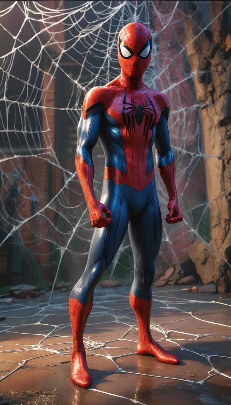 Spider-Man in Front of Giant Spiderweb: Hyperrealistic Comic...