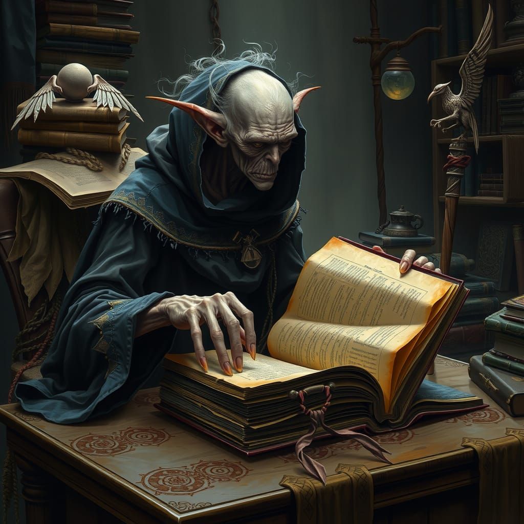 Elderly Sorcerer Studies Ancient Tomes in a Mystical Study