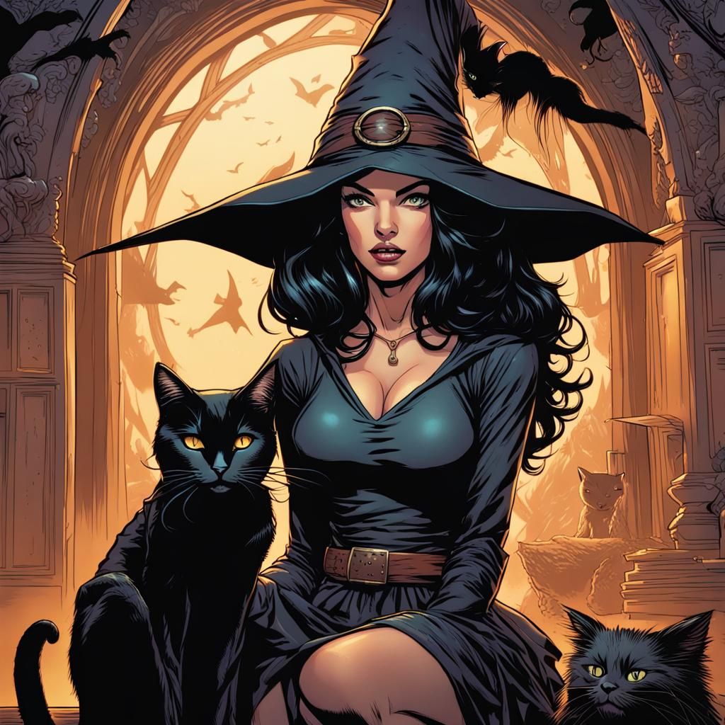 Black-Haired Witch Posing with Black Cat: Comic Book Art