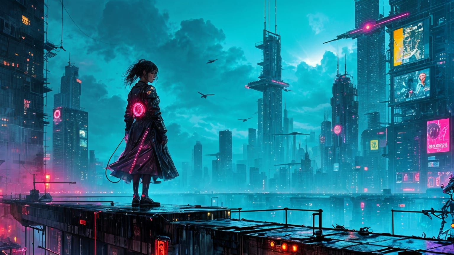 Cyberpunk Megacity at Midnight with Hacker Overlook