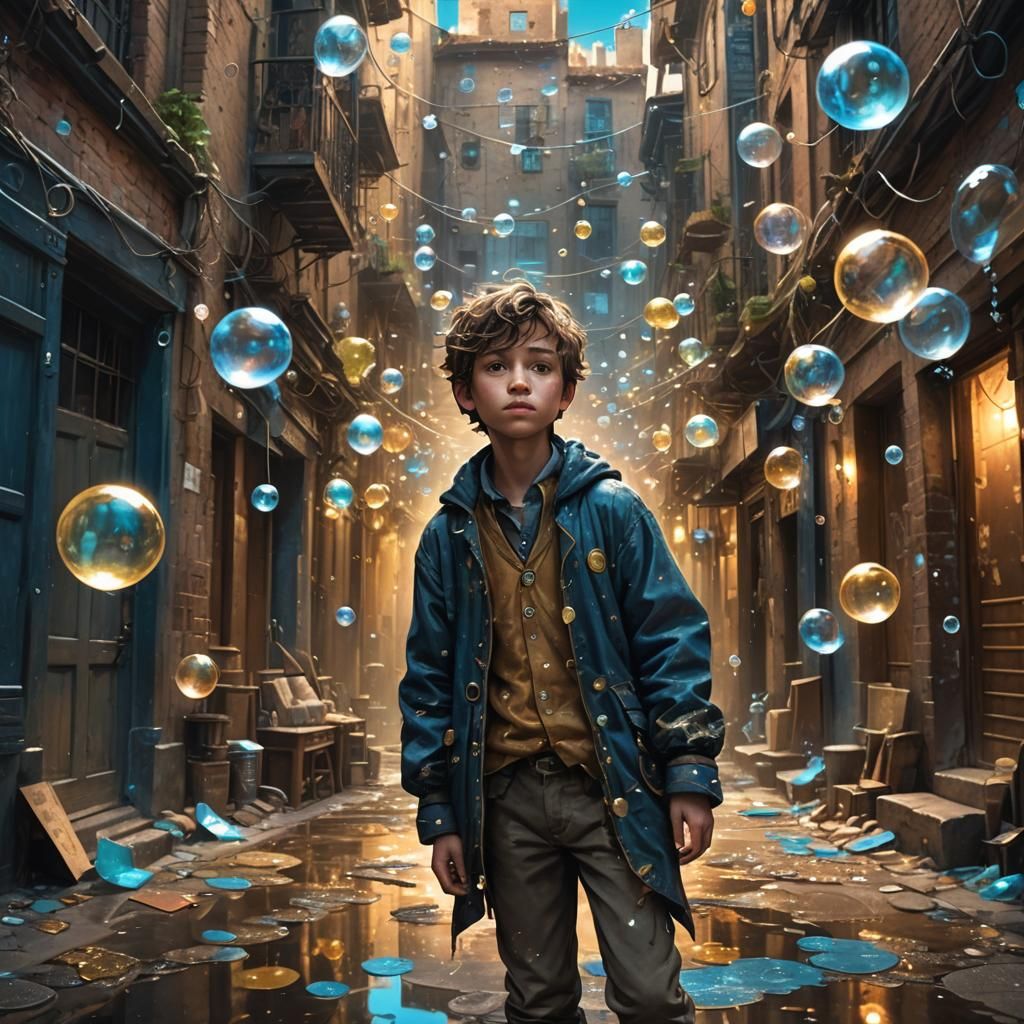 Boy in Alleyway Surrounded by Dreamy Talk Bubbles