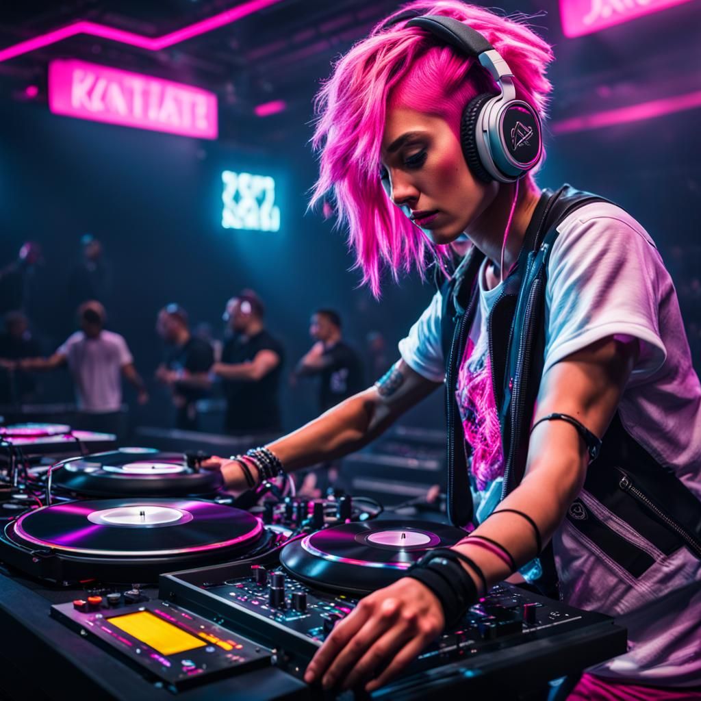 Hyperrealistic Female DJ in Rave Scene