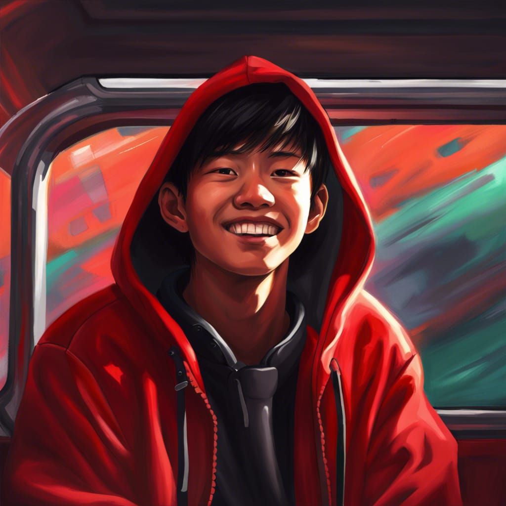 Happy Asian Teen on Bus in Hyperrealistic Style