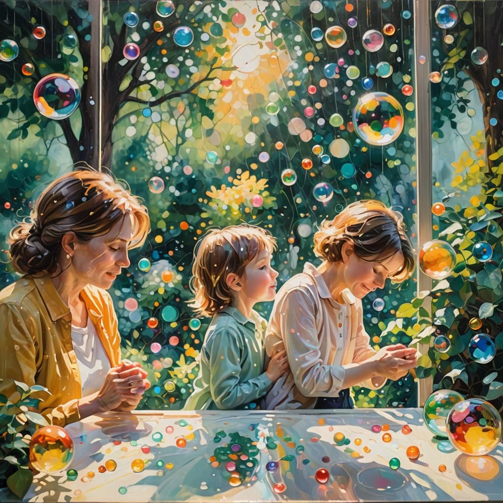 Impressionist Mother and Child Painting with Rainy Day Windo...