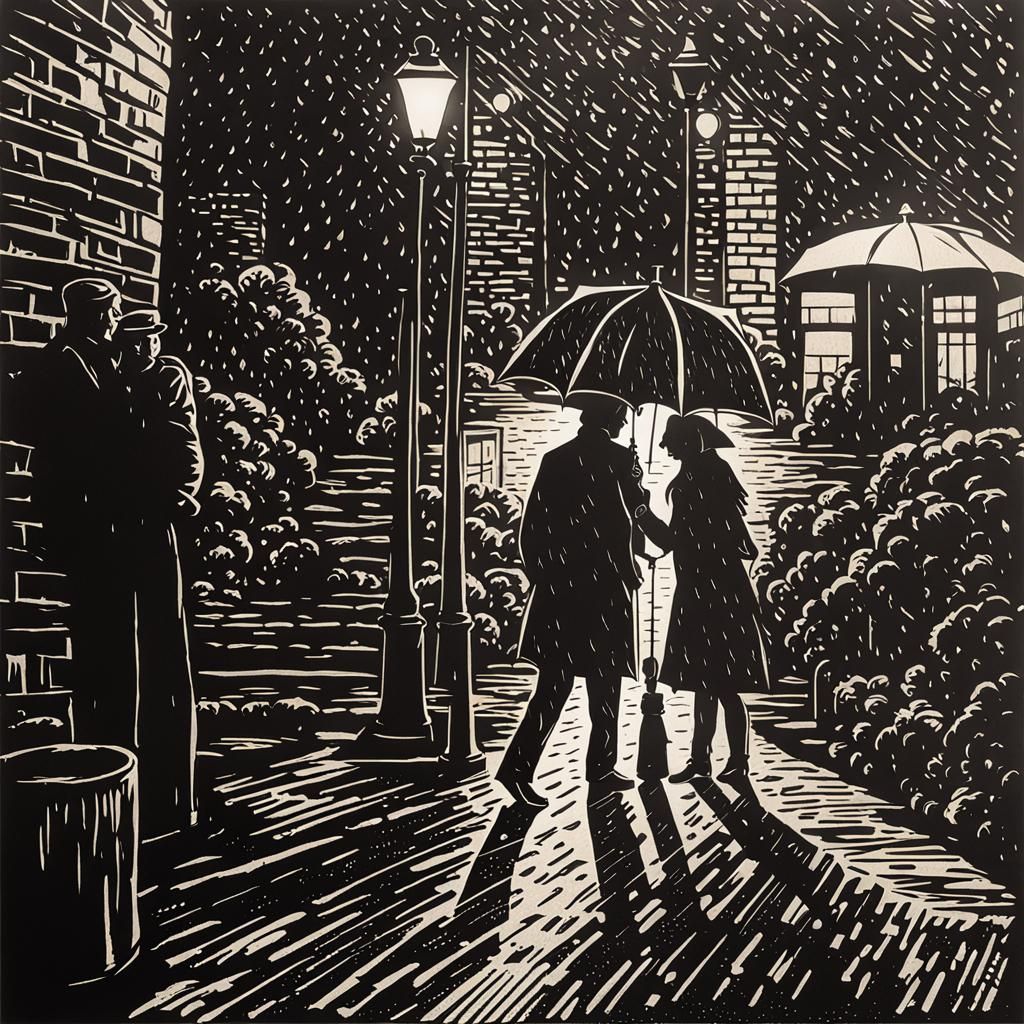 Linoprint of Couple with Umbrella in the Rain