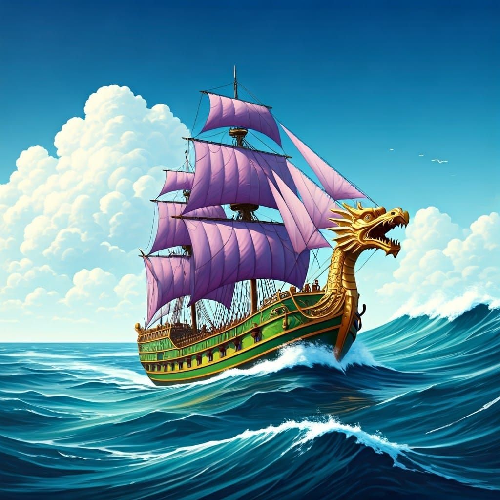 Majestic Dragon-Headed Ship Sails Towards the Horizon
