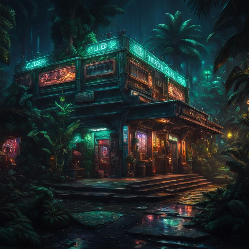 Cyberpunk Jungle Music Club at Night