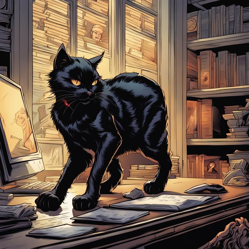 Black Cat Licking Paw: Comic Book Art