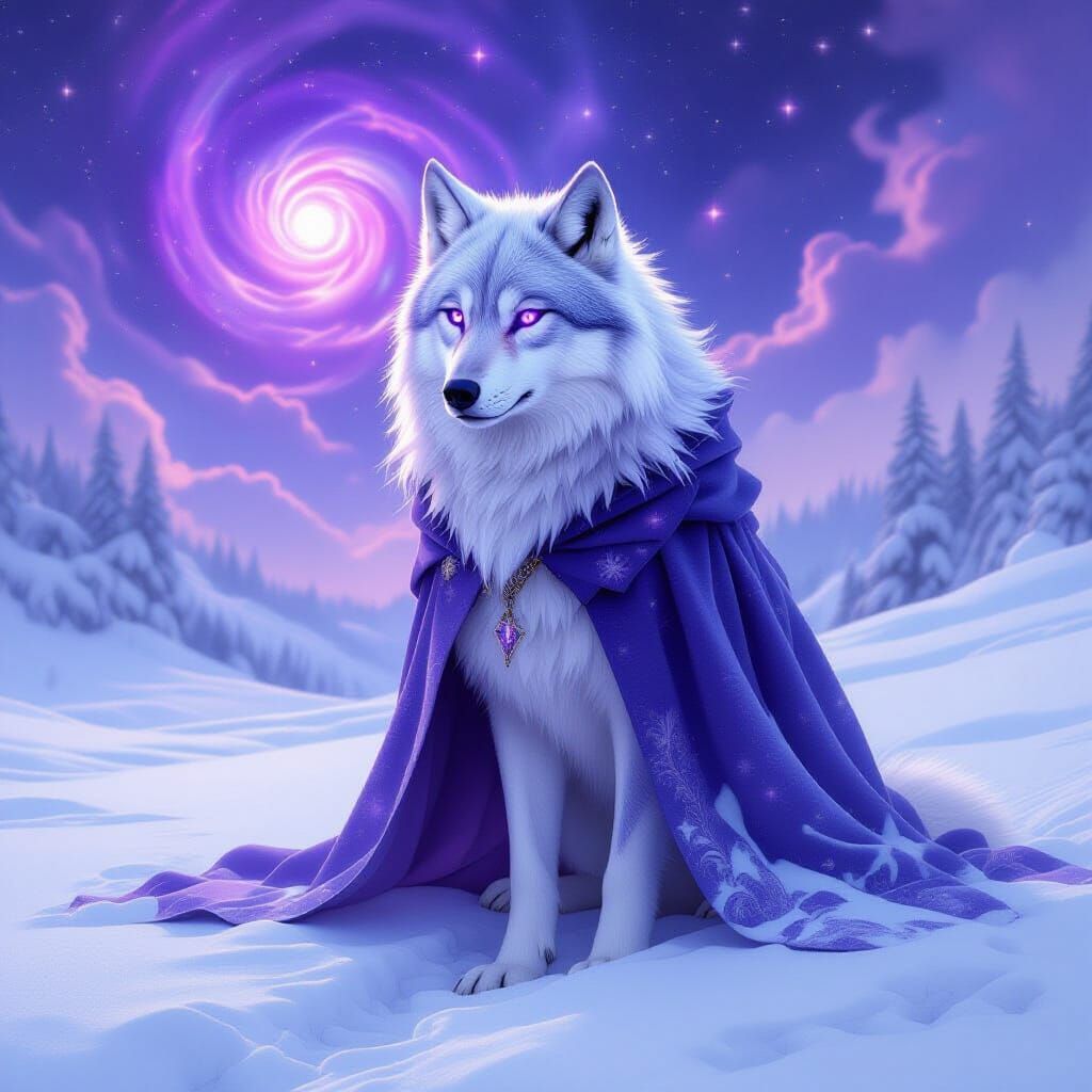 Ethereal Purple Wolf in Cosmic Winter Landscape