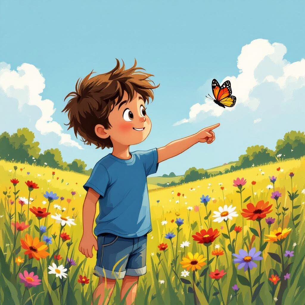 Childhood Wonder: Boy Chasing Butterfly in Sunny Meadow