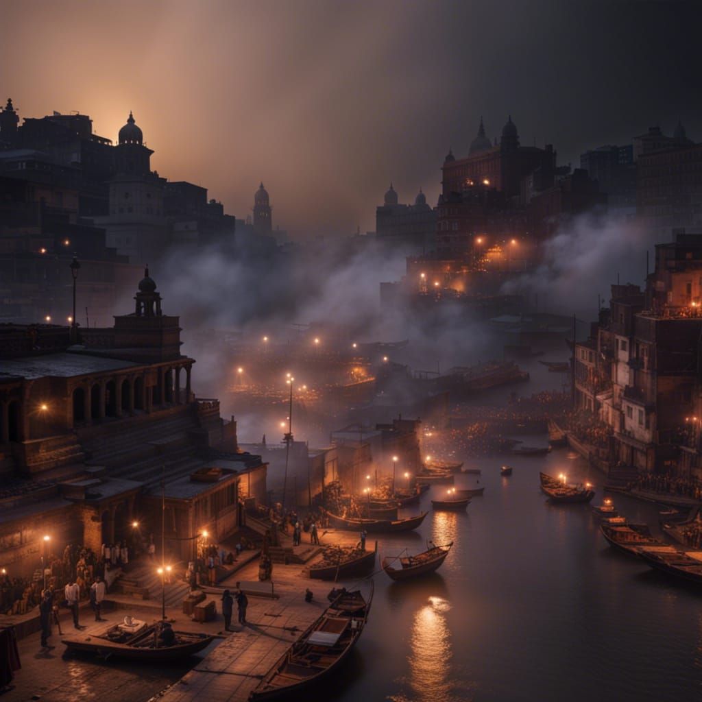 Night View of Varanasi Ghats in Cinematic Style