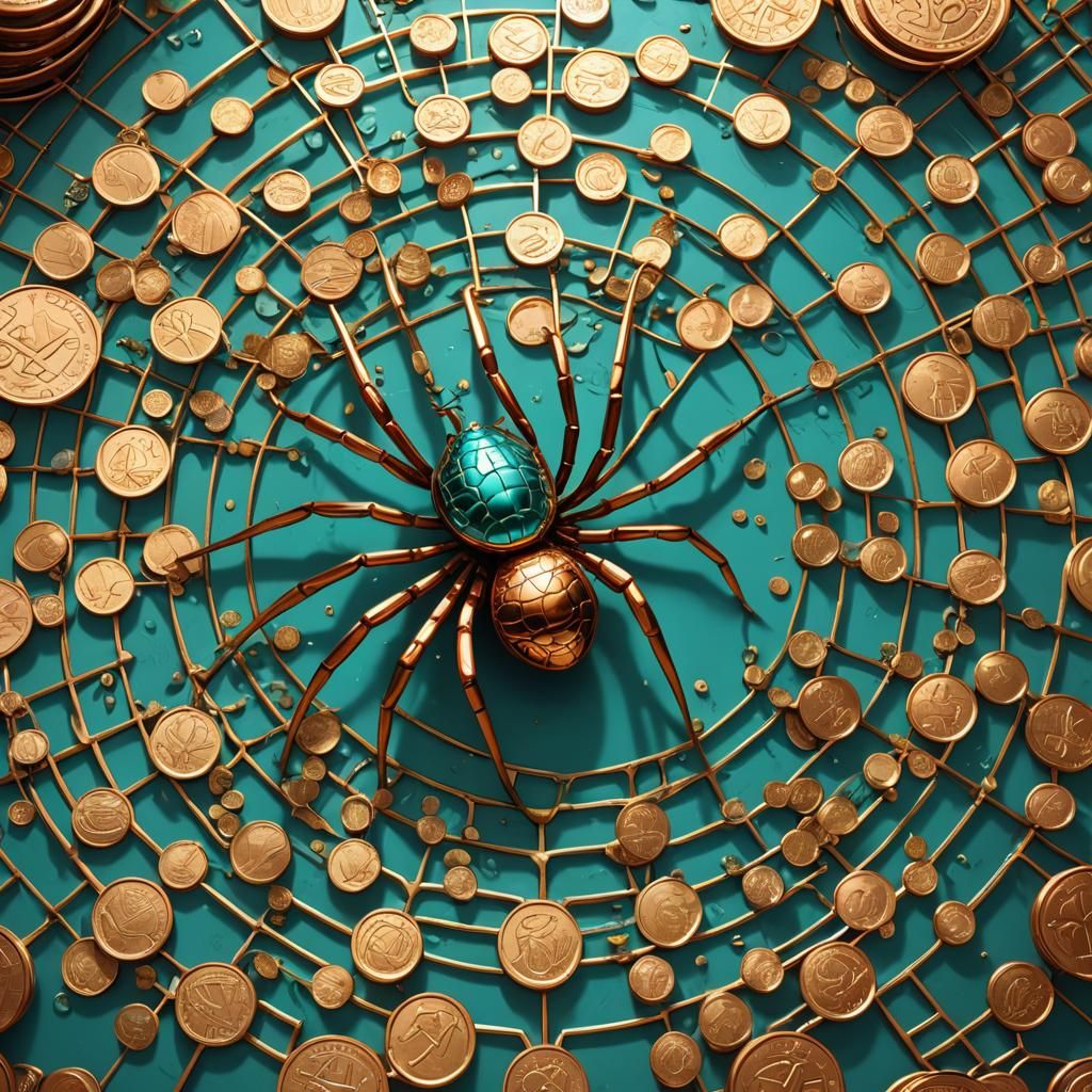 Copper Spider Weaving Coins in Hyperrealistic Digital Art