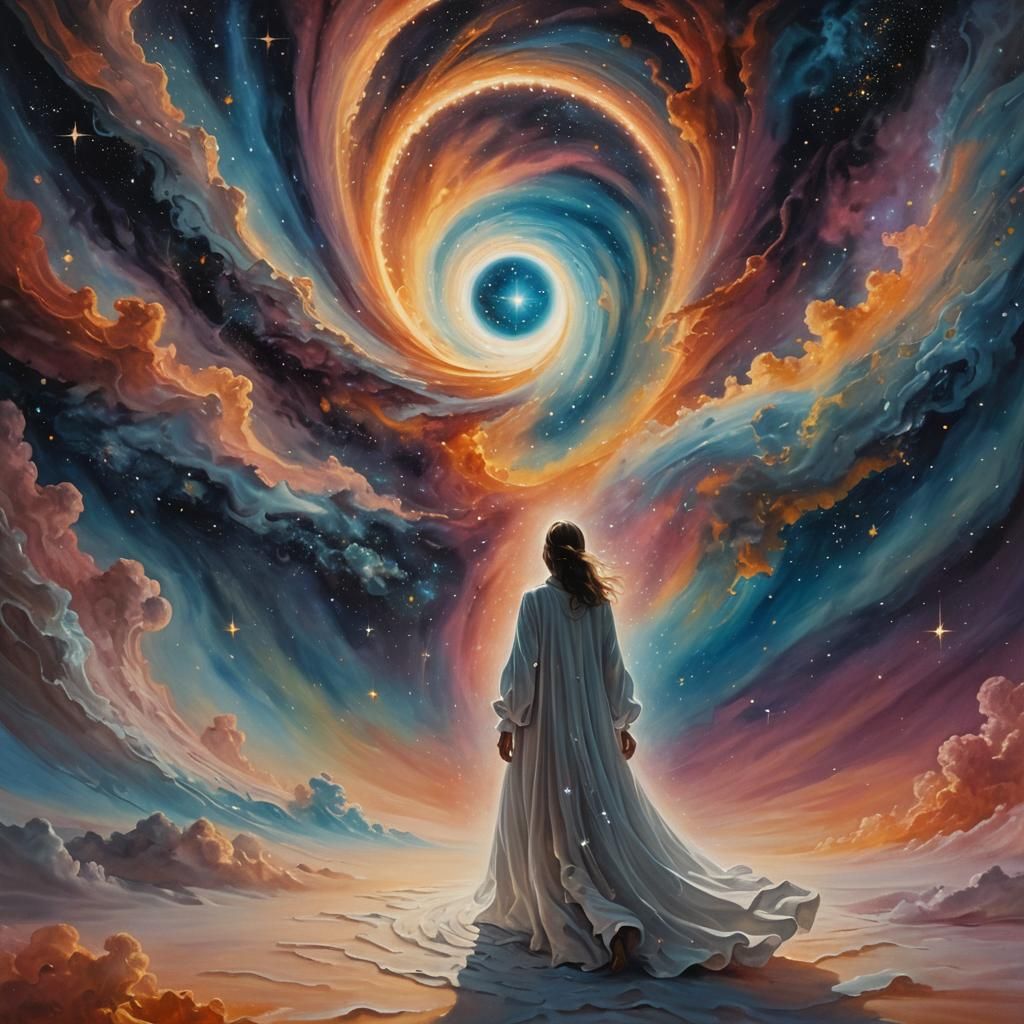 Ethereal Woman Steps into Starry Void as Oil Painting