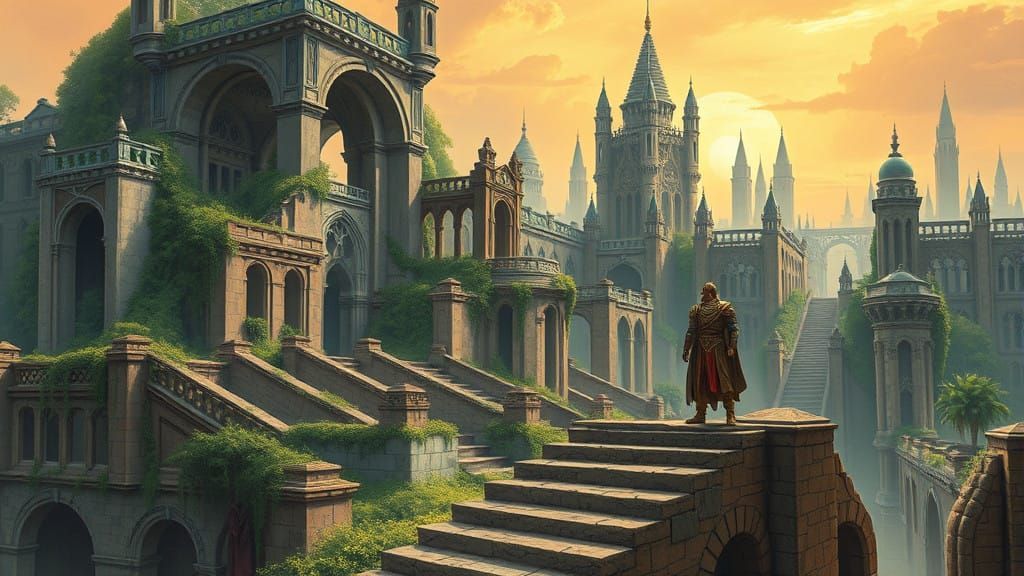 Majestic Ruined Cityscape at Sunset, in Oil Painting Style