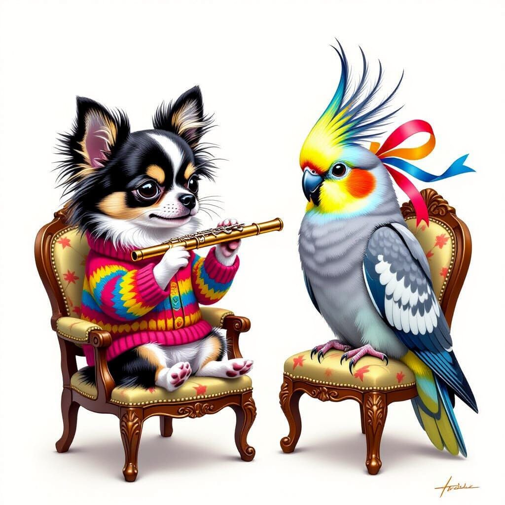 Whimsical Chihuahua Plays Flute in Hyper-Realistic Style