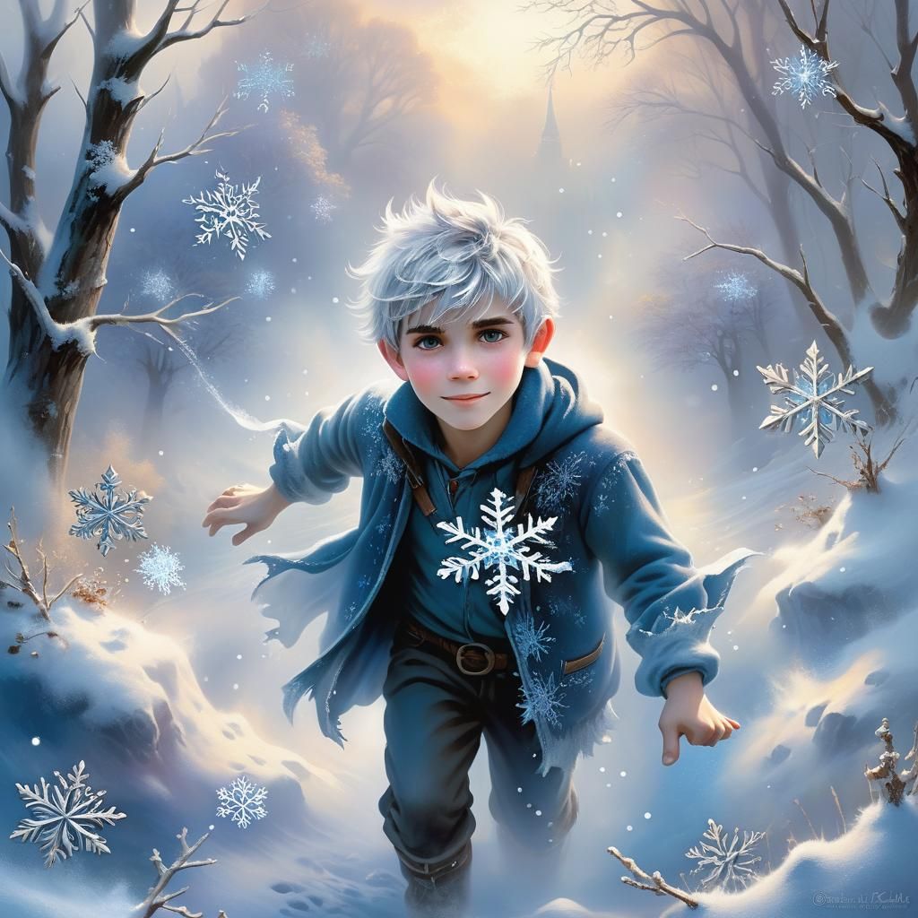 Jack Frost in Snowflake, Ethereal Winter Landscape