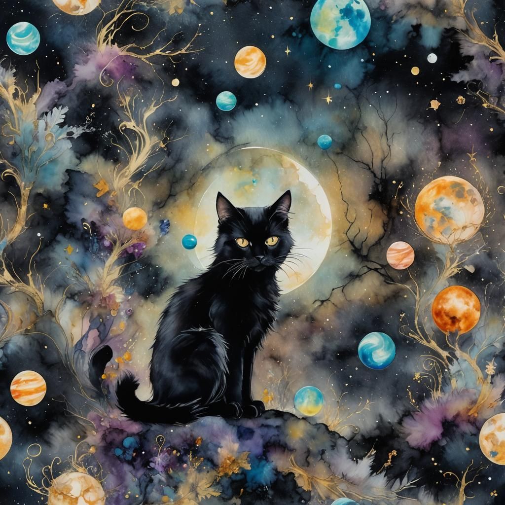 Ethereal Black Cat in Fantasy Moonscape