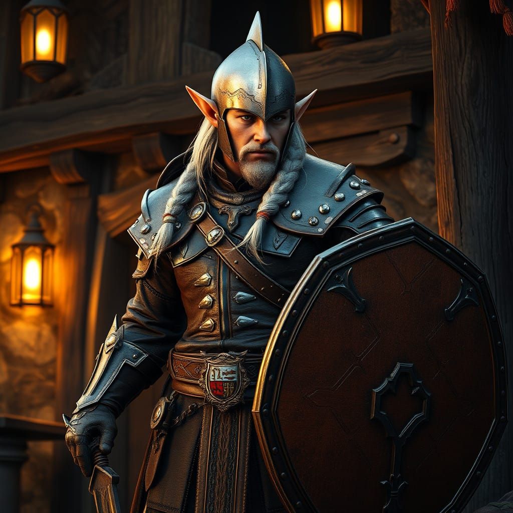 Vigilant Male Elf Guard in Rustic Tavern Setting