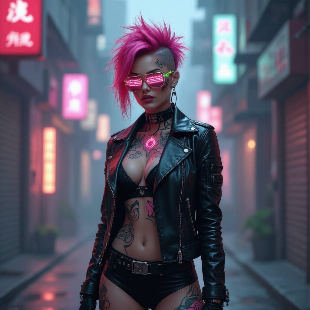 Cyberpunk Woman with Neon Tattoos in Futuristic City
