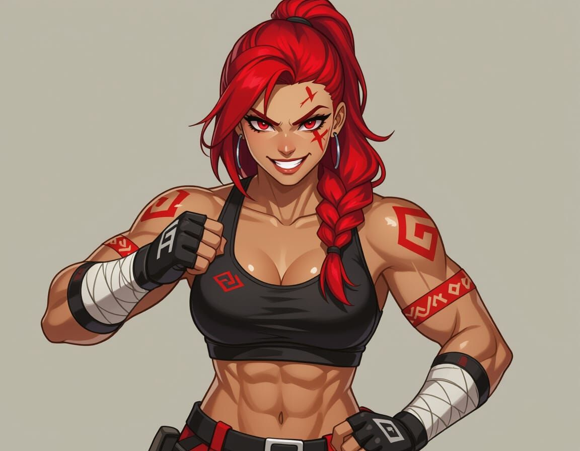 Crimson Veined Woman in Anime Semi-Realism Style