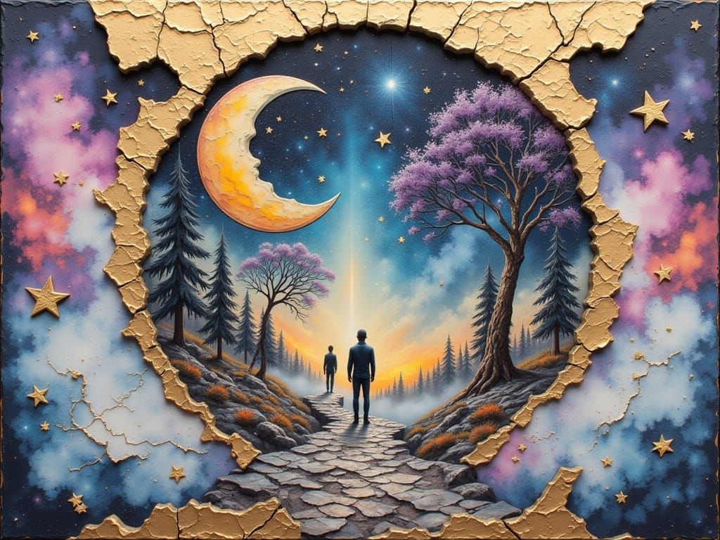 Zen Dreamscape With Gold Outlines In Twilight Colors