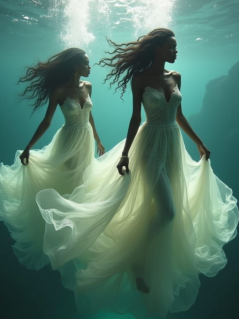 Ethereal Black Goddesses Swim in Enchanted Underwater Realm