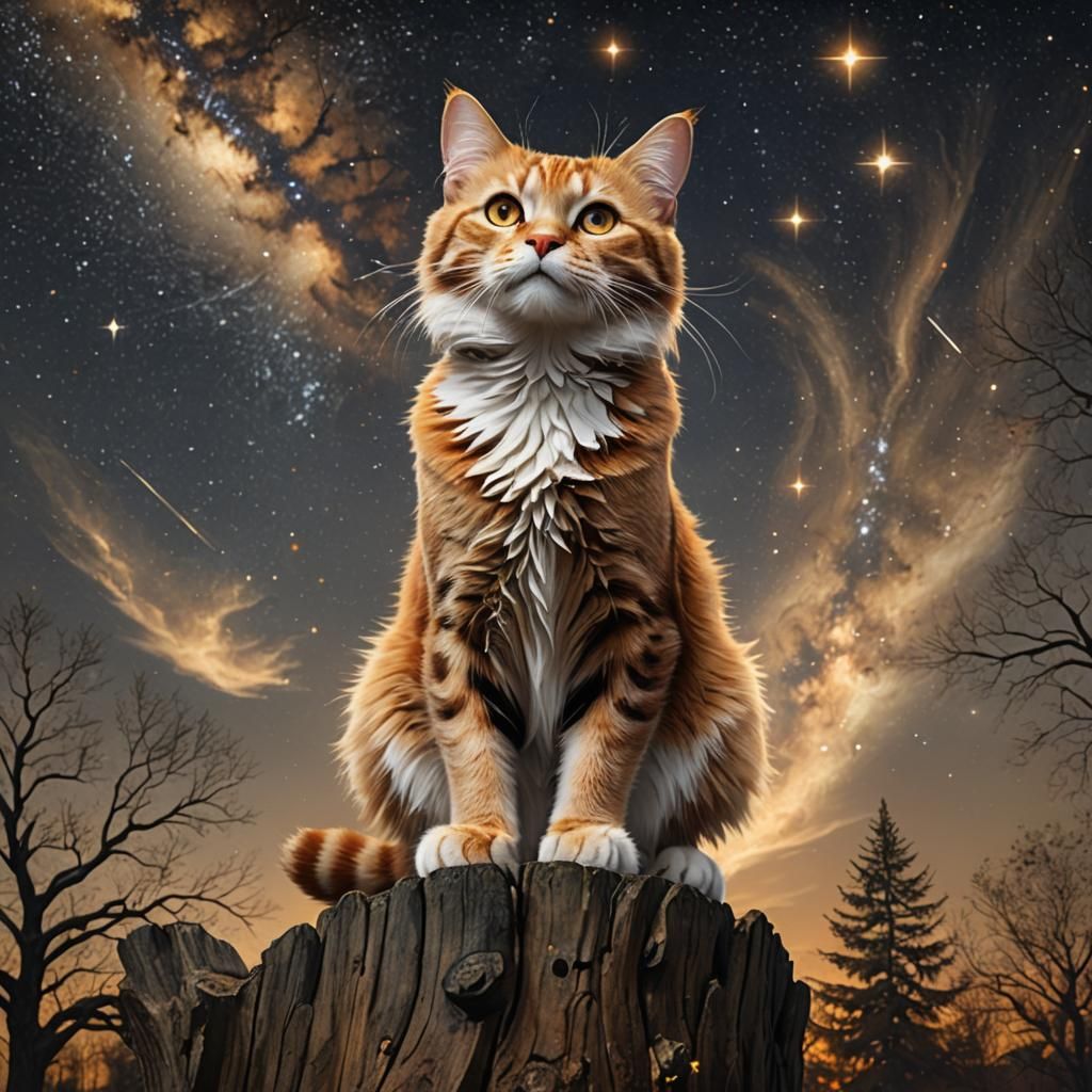 Tabby Cat Gazing at Starry Night Sky