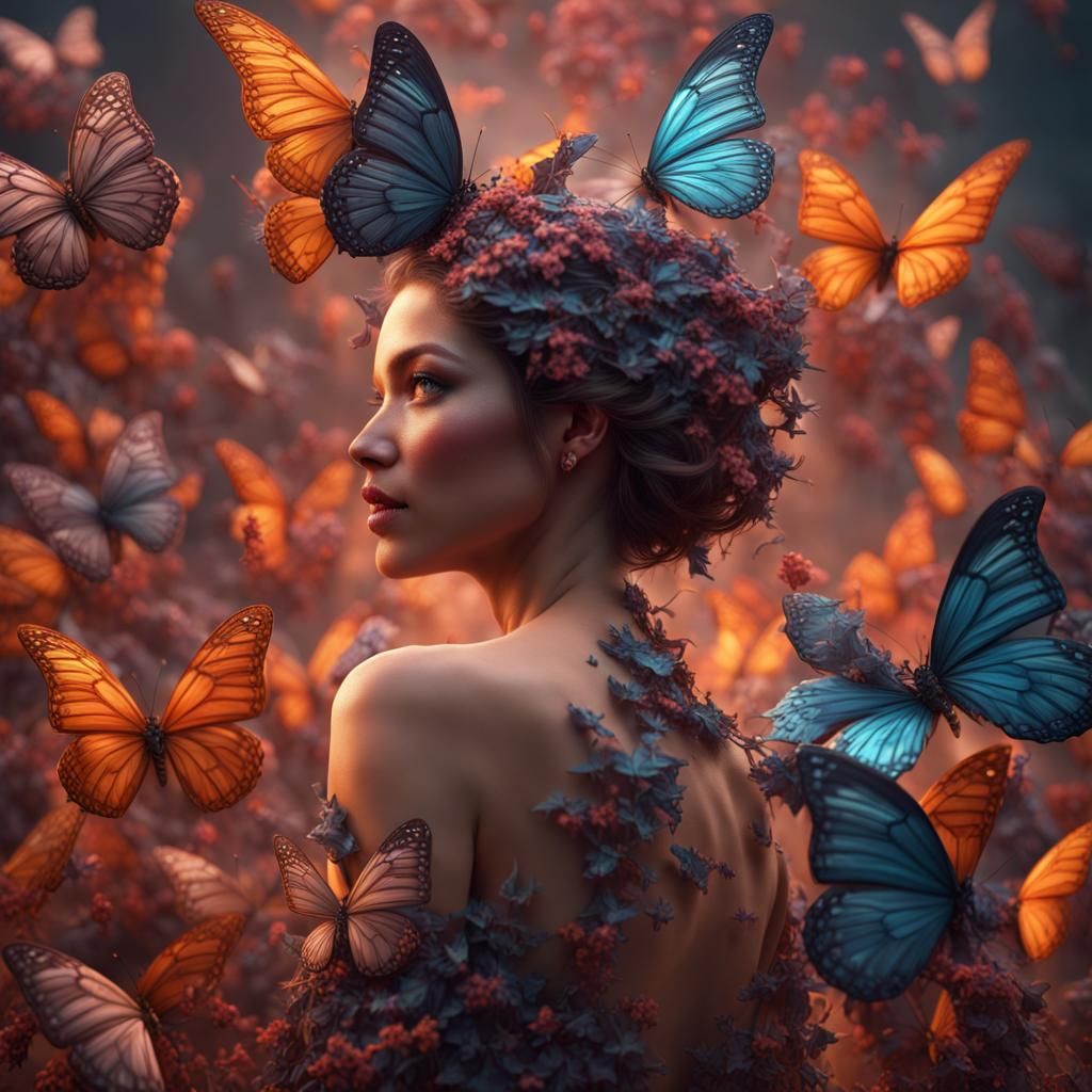 Woman Encased in Butterflies: Detailed Fantasy Art