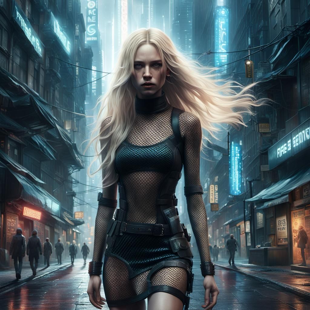 Cyberpunk Woman in City Street, Matte Painting
