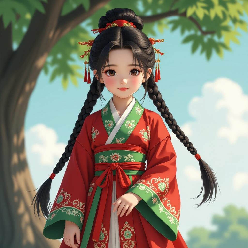 Cute Girl in Ancient Chinese Attire Under Tree