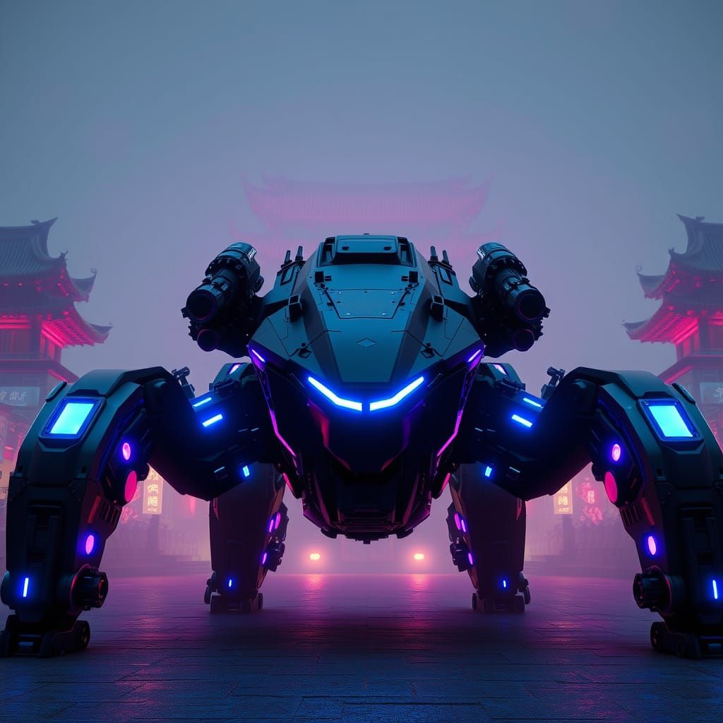 A frontal view of a robotic spider tank with a streamlined, ...