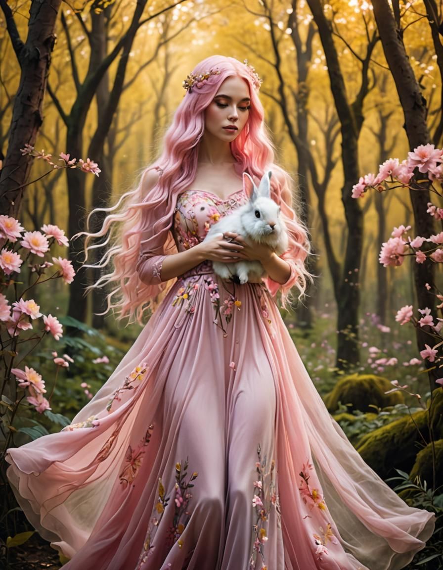 Pink-Haired Woman with Rabbit in Enchanted Forest
