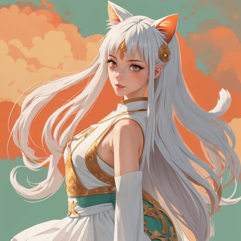 Anime Goddess with Feline Features in Elegant White Dress
