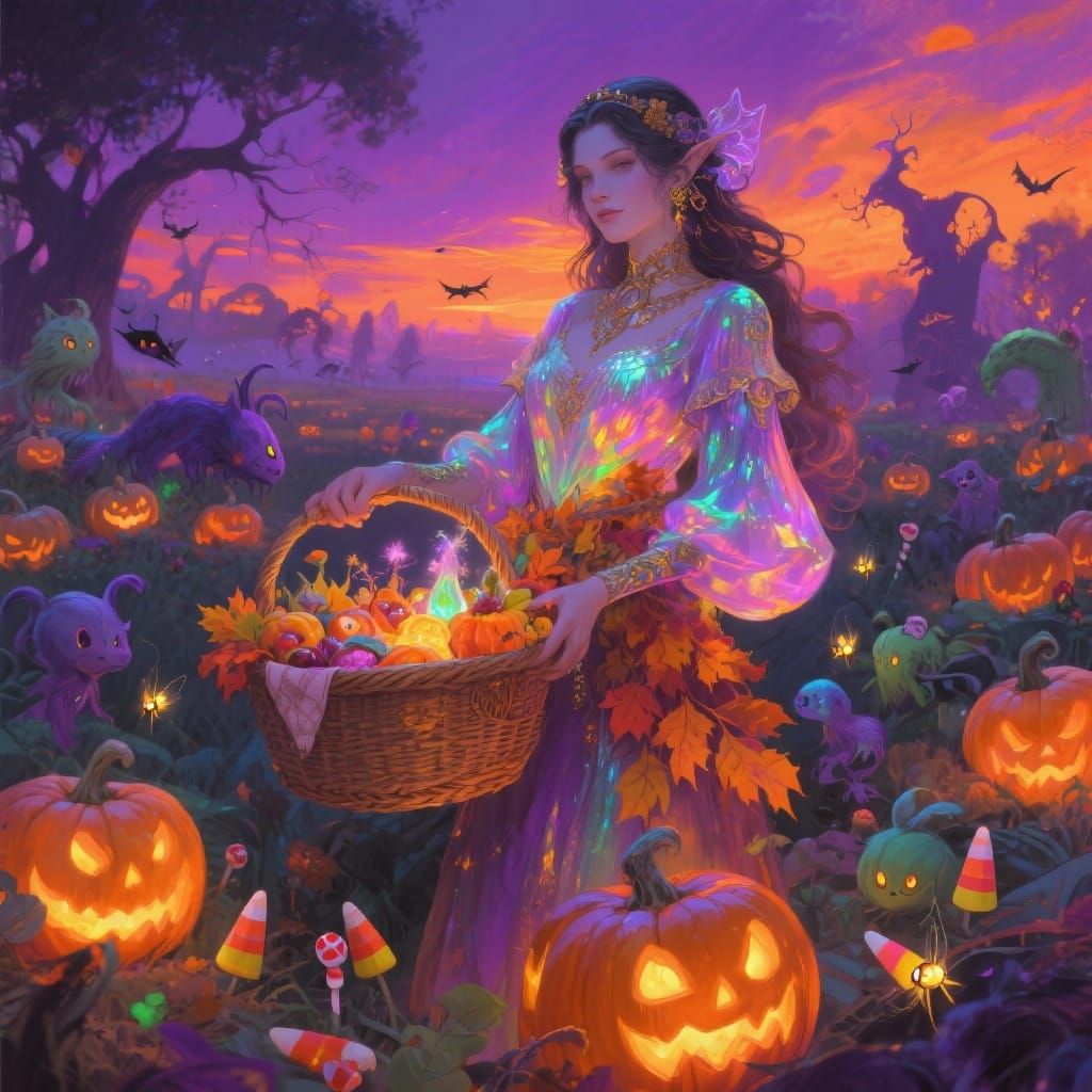 Iridescent Pumpkin Patch Goddess at Halloween Sunset