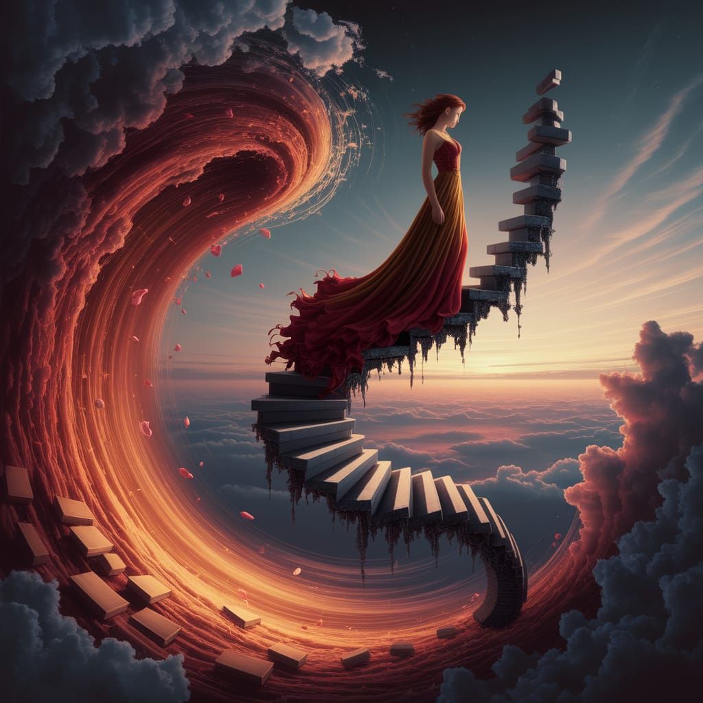 Woman on Suspended Staircase in Magical Realism Style