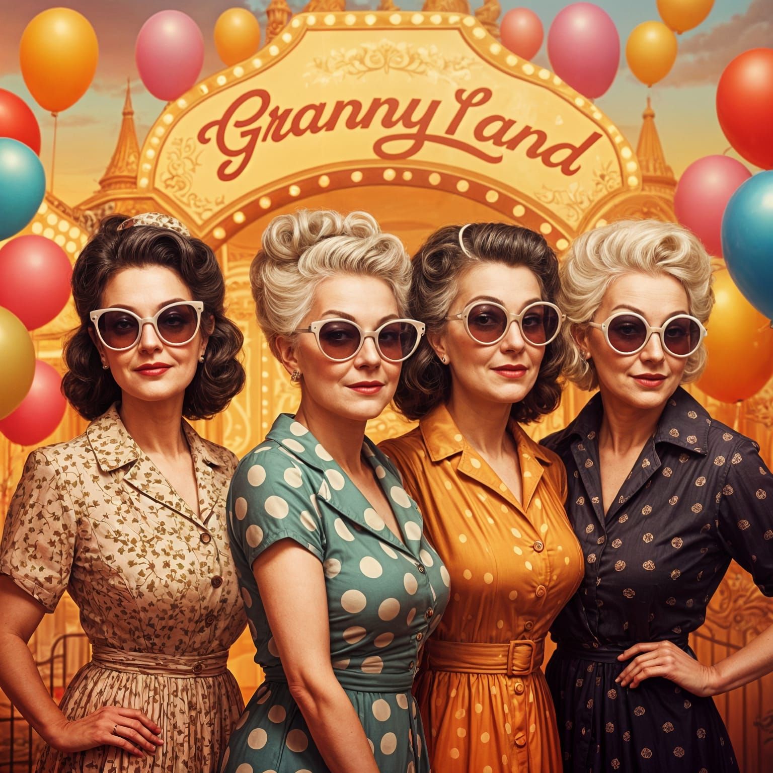 Hipster Women at Theme Park Entrance, Pin-Up Style