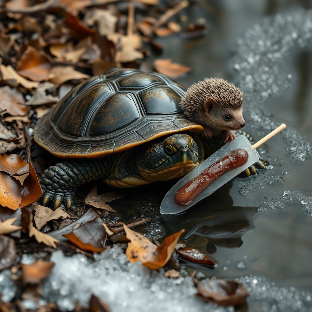 Hyperrealistic Dwarf Hedgehog Offers Frozen Worm to Turtle