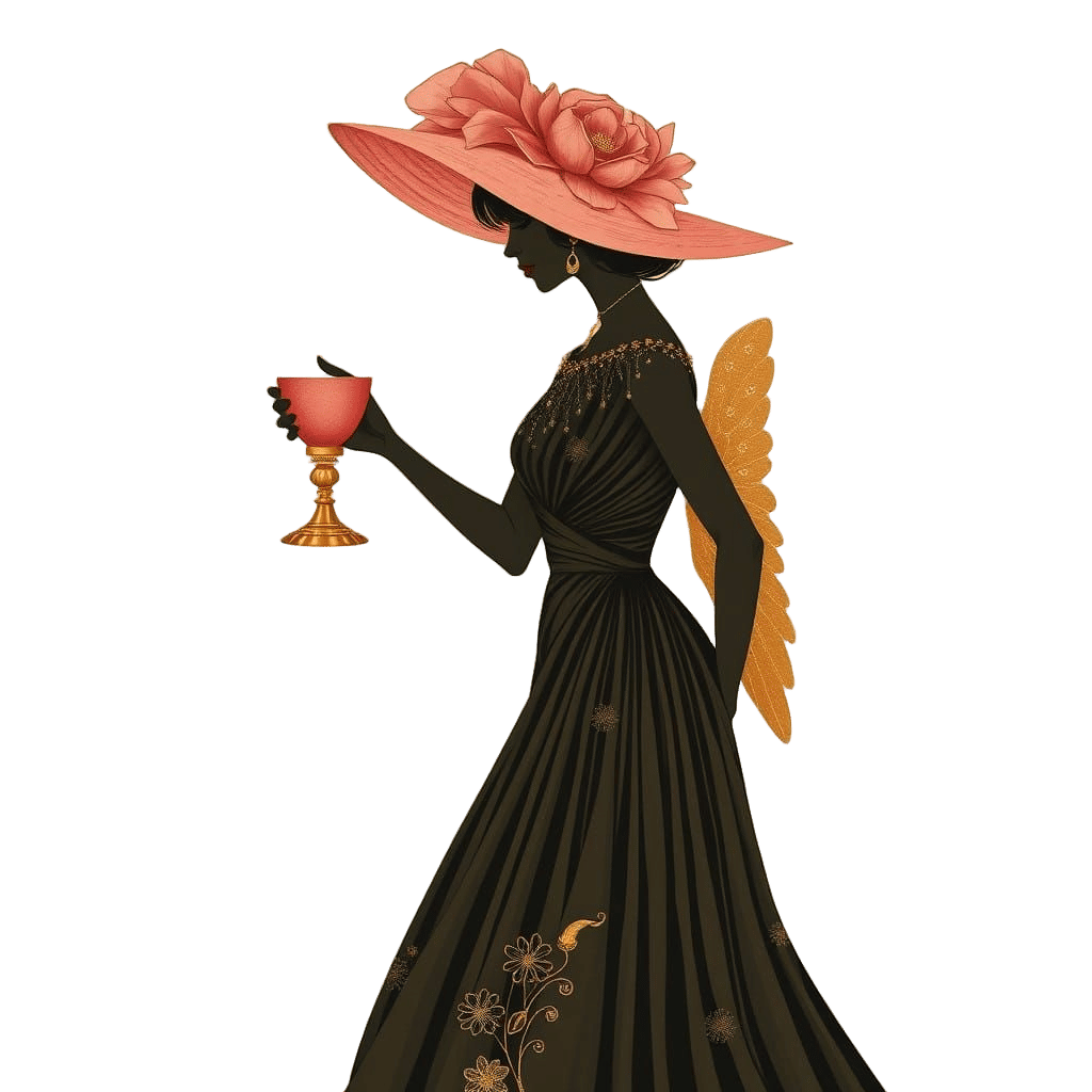 Elegant Silhouette of a Female Figure in a Floral Beige Back...