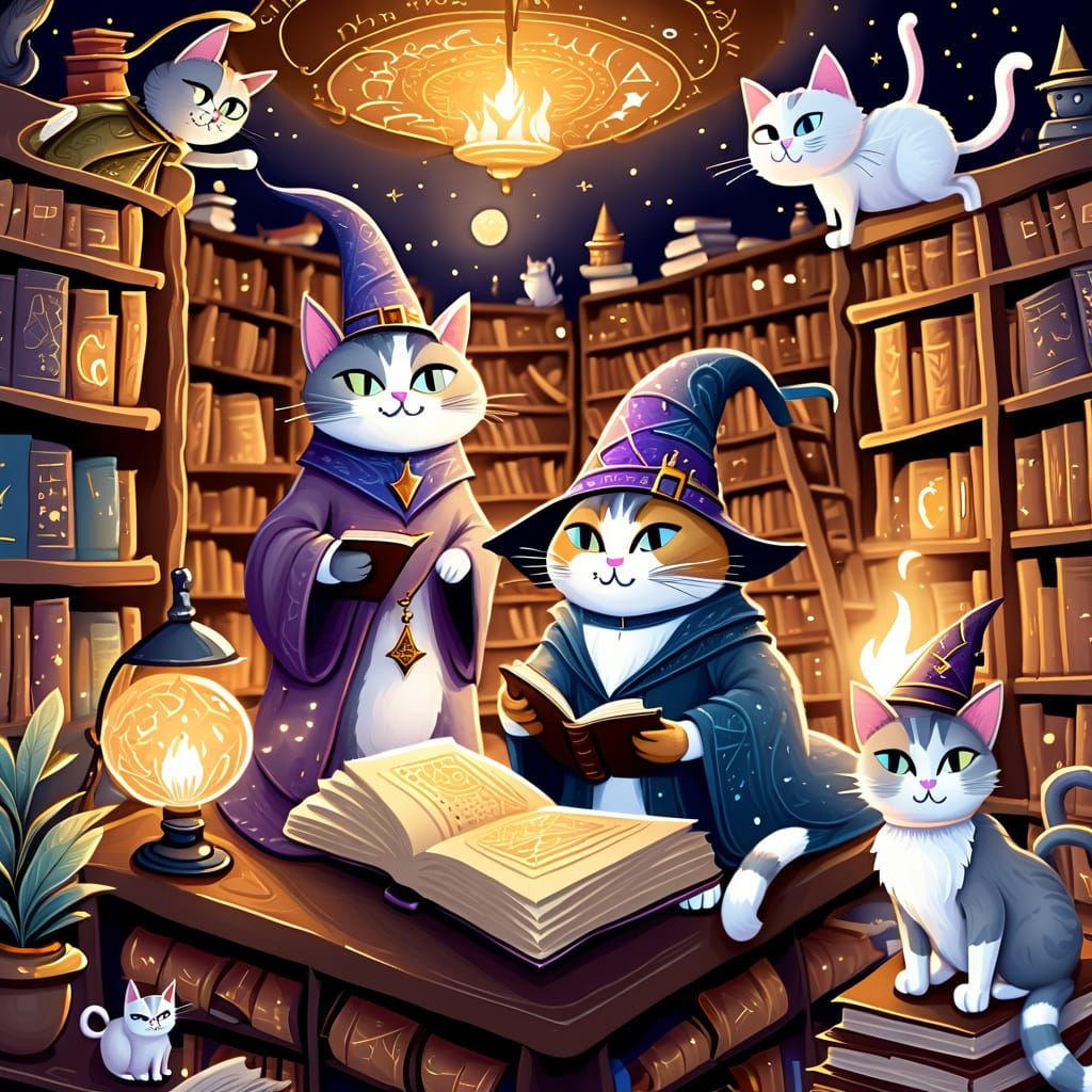 Whimsical Cats in Magical Library Storybook Illustration