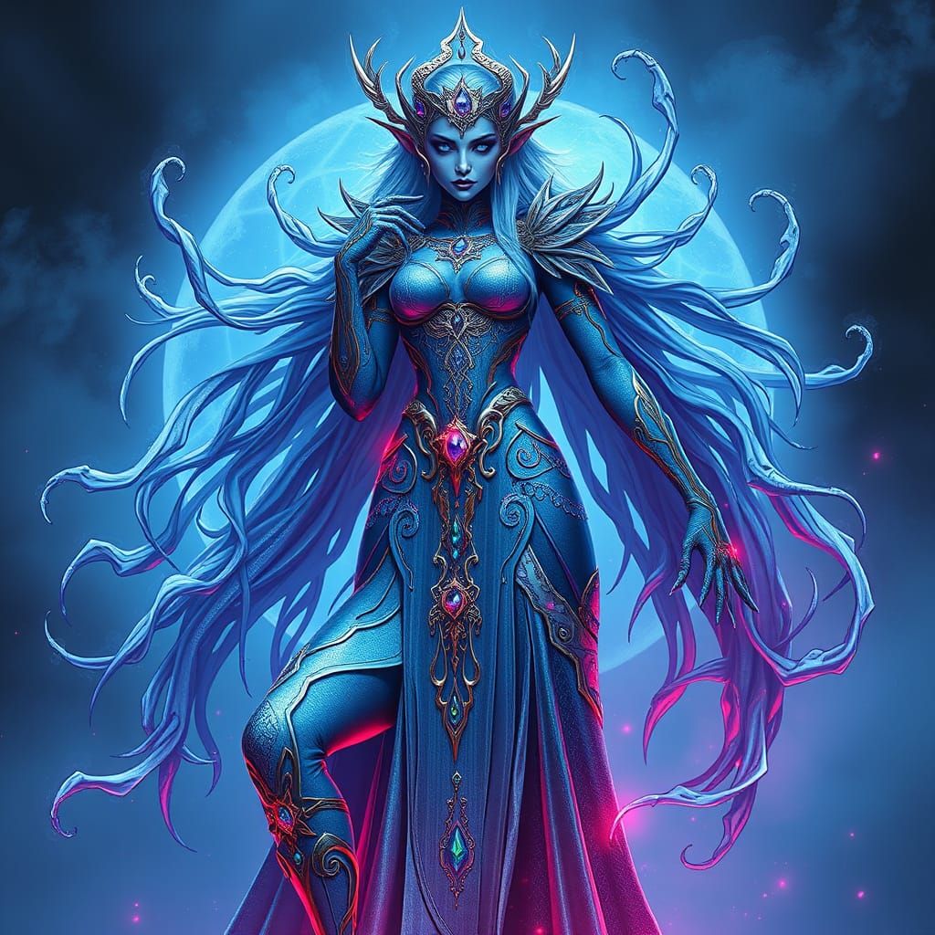 Cyberpunk Frost Queen in Shimmering Blue and Silver Attire