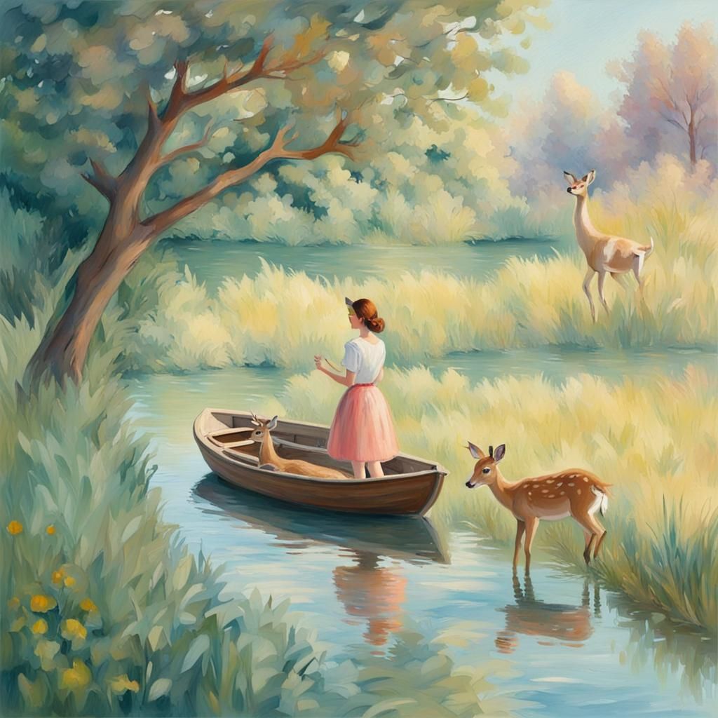 Pastel River Scene with Girl and Deer in Gouache Style